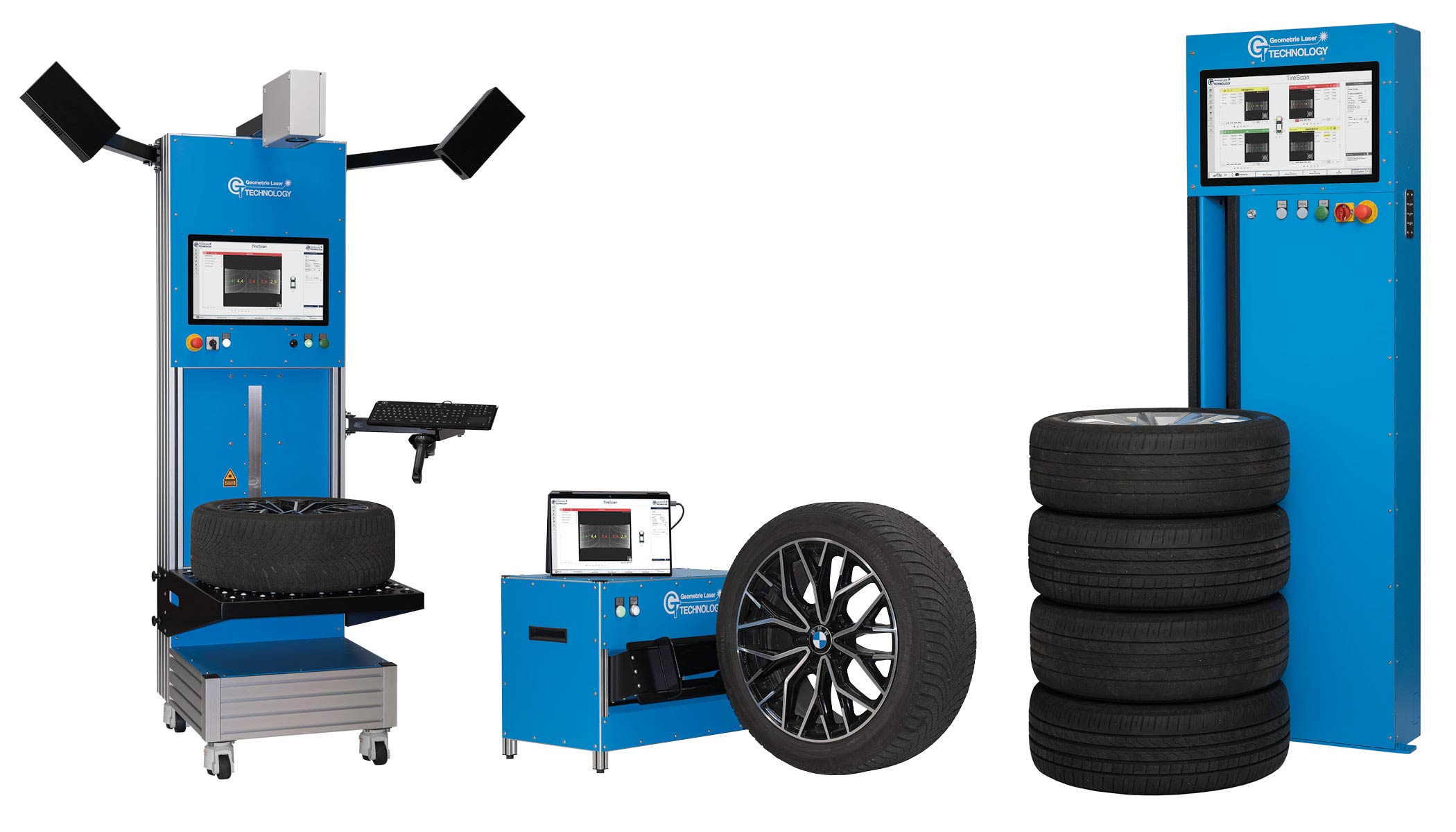 Reifenprofilmessloesungen-GL-25 Illustration of various laser tire tread measurement solutions from GL Technology.