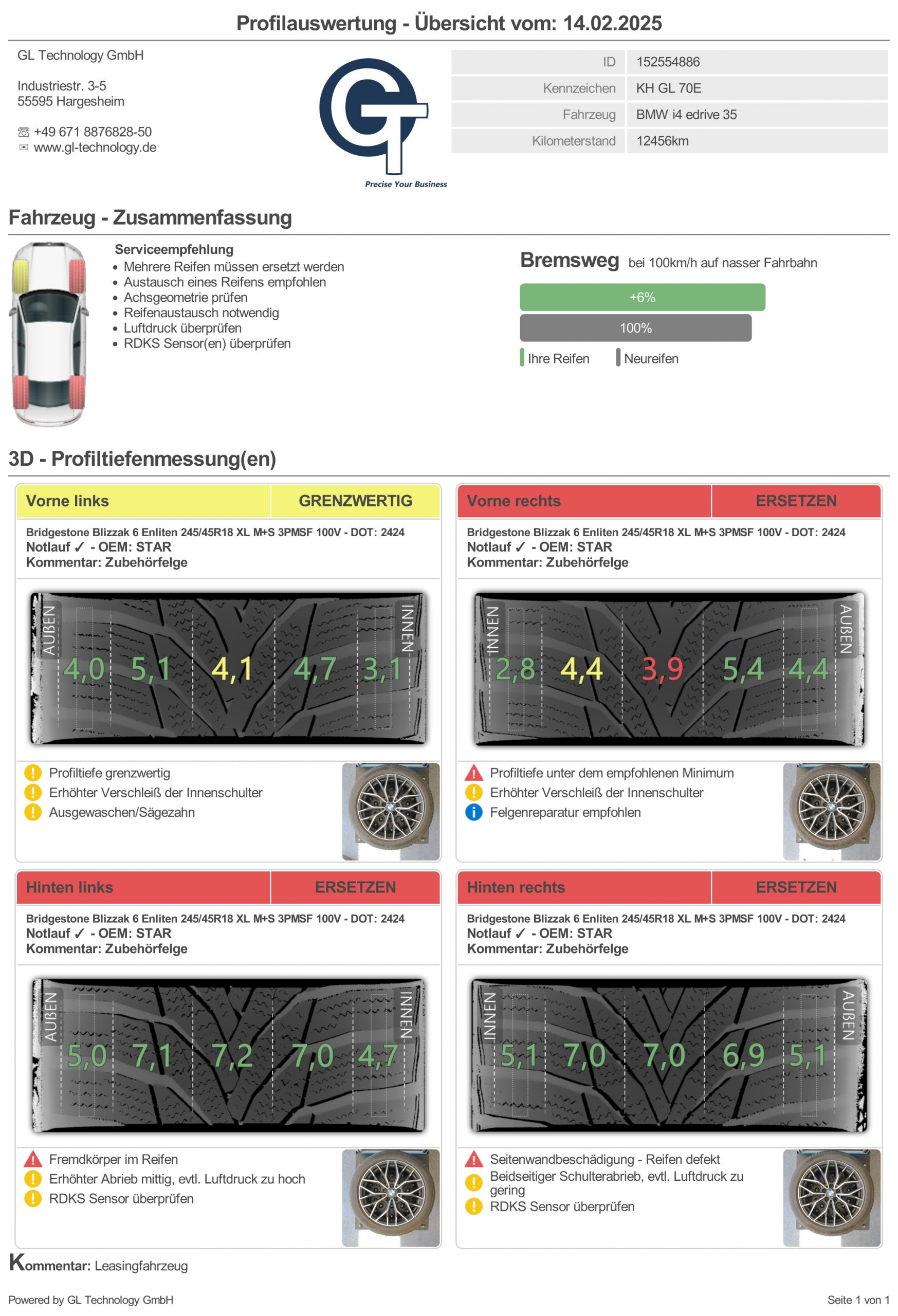 PDF measurement report of tire and tread data, including photos and service recommendations.