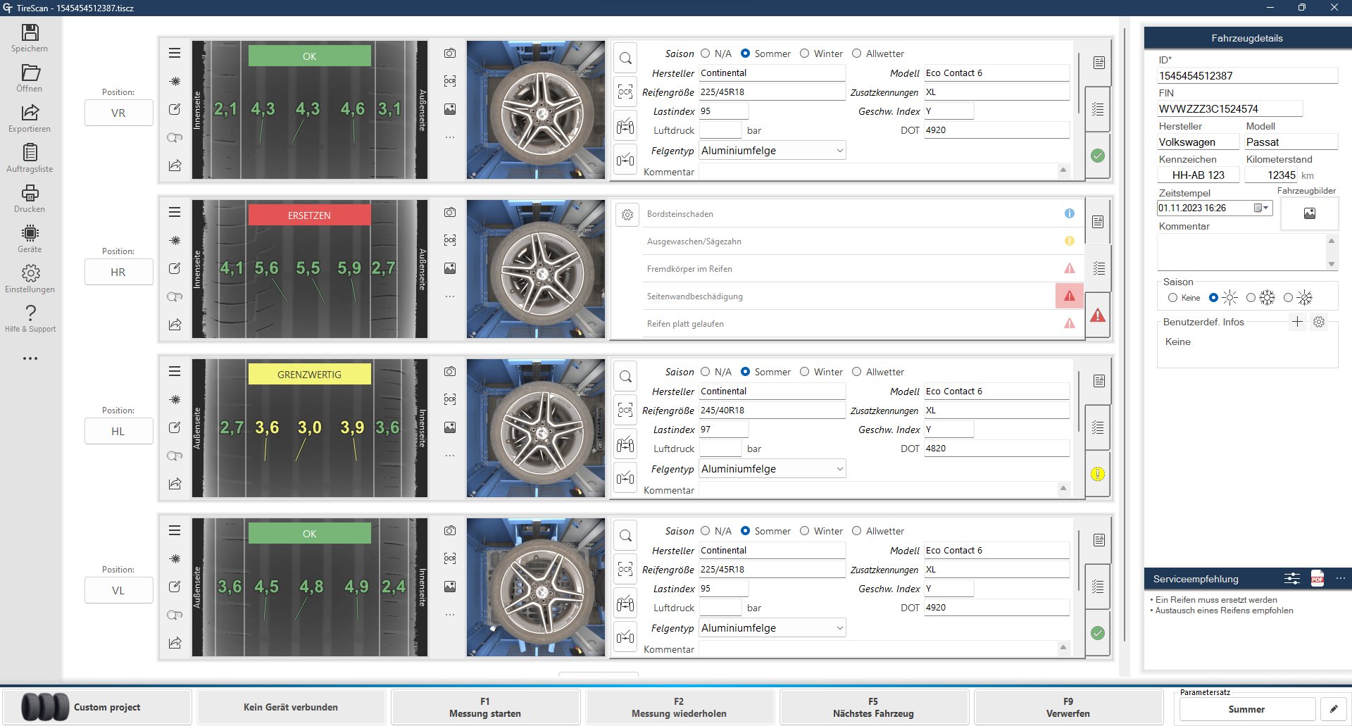 Screenshot_Tire-Scan-Cube_DEU Software-Ansicht auf dem Monitor am Tire Scan Cube nach einer Messung.