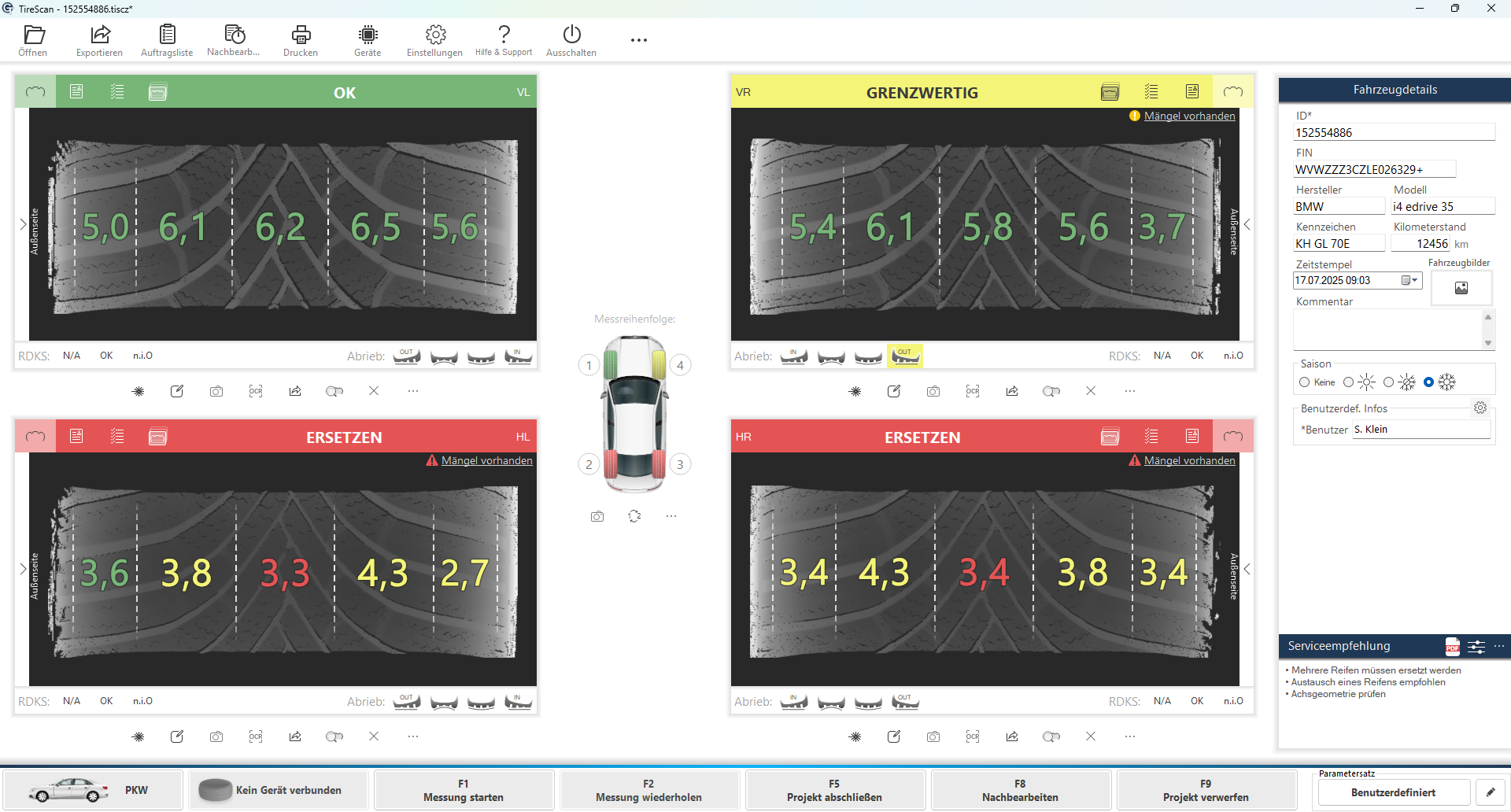 Messergebnisse einer Reifen-Profilmessung mit dem Single Tire Scanner